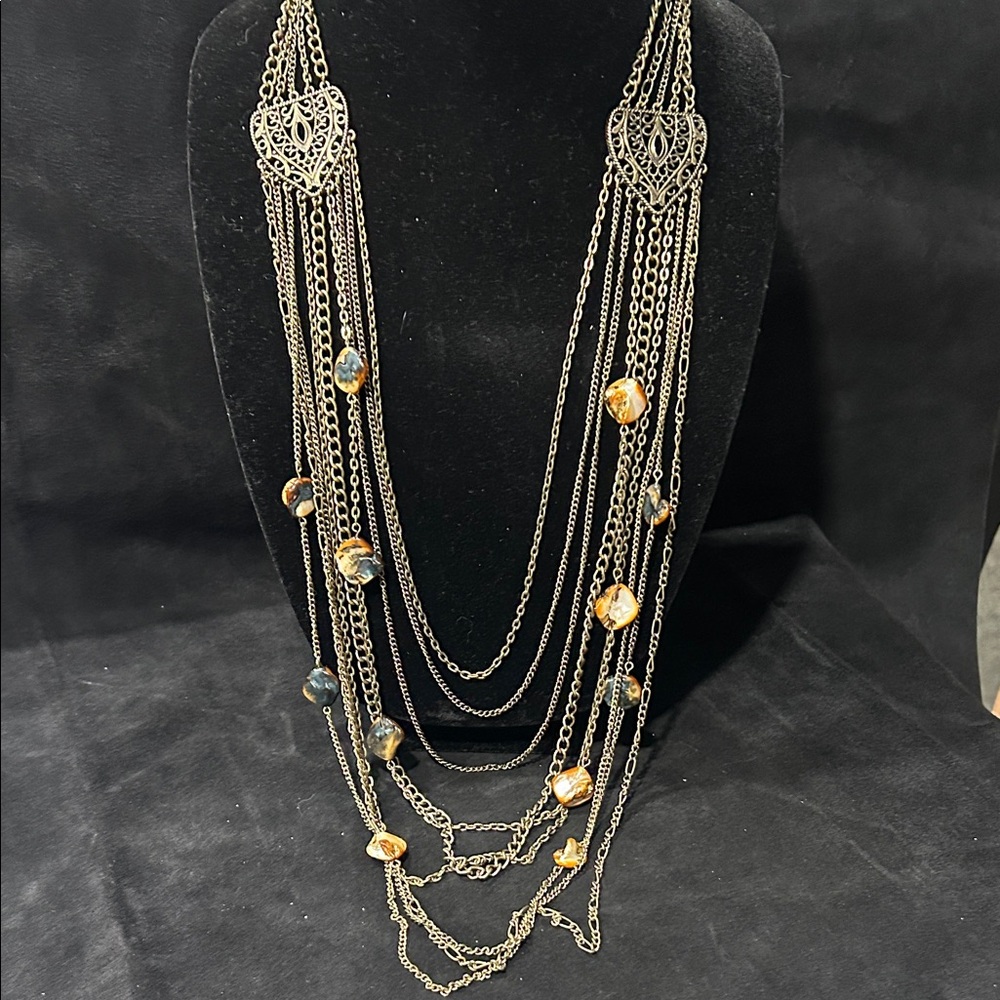 Vintage Artisan Silver Layered Necklace with Tan Accents